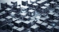 Futuristic digital cityscape of stacked cubes and transparent boxes with glowing circuits and data streams Royalty Free Stock Photo