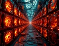 A dense array of blockchain mining rigs with glowing GPU forests, fiery orange heat sinks, tangled power cables, and a dystopian