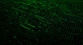 A dense array of green binary code runs vertically on a black screen, evoking a digital Royalty Free Stock Photo