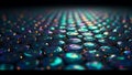 A dense array of iridescent capsules with reflections and bokeh lights in a dark background