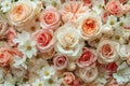 A dense and beautiful bouquet featuring an array of blush roses and delicate white cosmos flowers, creating a soft and romantic