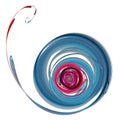 The dense blue spiral begins with a curl with abstract leaves and ends with red circles inside the ball. A graphic design element