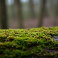 Dense, bright green moss (Bryophyta) covers a decaying log in a forest. The shallow Royalty Free Stock Photo