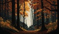 a dense broadleaf forest in autumn, illustration, Generative AI