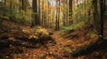 a dense broadleaf forest in autumn, illustration, Generative AI