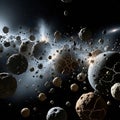 Massive asteroid field with fracturing planetoids creating chaotic interstellar debris cloud scene Royalty Free Stock Photo