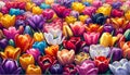 A dense and colorful array of tulips in full bloom.