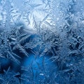 dense, complex pattern of hoarfrost crystals covering a window pane or surface, with a blurred blue tint underneath Royalty Free Stock Photo