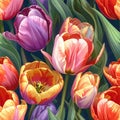 Dense Continuous Tulip Pattern with Lush Green Leaves Royalty Free Stock Photo