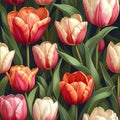 Dense Continuous Tulip Pattern with Lush Green Leaves Royalty Free Stock Photo