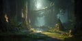 Dense dark fantasy forest with big trees and footpath. The magical atmosphere of the forest, fairy forest, magic light. AI