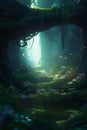 Dense dark fantasy forest with big trees and footpath. The magical atmosphere of the forest, fairy forest, magic light. AI Royalty Free Stock Photo