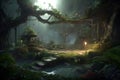 Dense dark fantasy forest with big trees and footpath. The magical atmosphere of the forest, fairy forest, magic light. AI