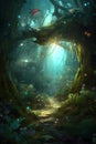 Dense dark fantasy forest with big trees and footpath. The magical atmosphere of the forest, fairy forest, magic light. AI