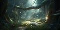 Dense dark fantasy forest with big trees and footpath. The magical atmosphere of the forest, fairy forest, magic light. AI