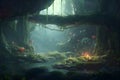 Dense dark fantasy forest with big trees and footpath. The magical atmosphere of the forest, fairy forest, magic light. AI