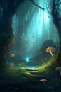 Dense dark fantasy forest with big trees and footpath. The magical atmosphere of the forest, fairy forest, magic light. AI