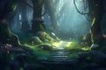 Dense dark fantasy forest with big trees and footpath. The magical atmosphere of the forest, fairy forest, magic light. AI Royalty Free Stock Photo