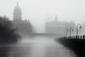 Dense dense fog cloud over high-rise office buildings, architecture in a smoky effect. AI generated. Royalty Free Stock Photo