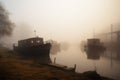 Dense dense fog cloud over the river bridge, architecture in a smoky effect. AI generated. Royalty Free Stock Photo