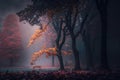 Dense fog in autumn forest with yellow leaves and green moss on tree bark AI generated Royalty Free Stock Photo