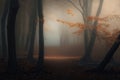 Dense fog in autumn forest with yellow leaves and green moss on tree bark AI generated