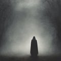 A person in a hooded cloak standing in a foggy forest.