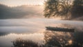 Misty Dawn: Fog Over Lake with Subtle Colors and Small Boat Royalty Free Stock Photo