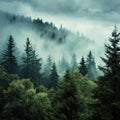 Dense Fog Surrounding a Forest of Towering Trees