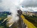 Dense fog surrounds giant Seceda ridgeline in Italian Apls Royalty Free Stock Photo