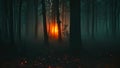 Dense Forest With Abundant Trees at Dusk, Halloween mystery in a dense forest with hidden ghostly figures