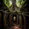 A dense forest features towering trees with extensive, intertwining roots forming a Royalty Free Stock Photo
