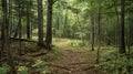 A dense forest is intersected by winding hiking trails showcasing the coexistence of recreational activity and wildlife