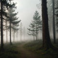 A dense forest with mist in the morning. Royalty Free Stock Photo