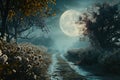 Mysterious forest at night with full moon. Fantasy landscape Royalty Free Stock Photo