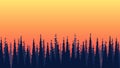 Dense forest pattern sunset on the orange-yellow sky background, vector coniferous forest landscape nature illustration in minimal