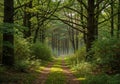 A dense forest scene with a dirt path leading through tall, leafy trees. Sunlight filters through Royalty Free Stock Photo