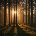 A dense forest scene with sunlight filtering through casting long Royalty Free Stock Photo