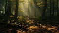 A dense forest with sunlight filtering through the leaves, creating a mesmerizing play of shadows