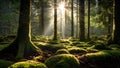 dense green forest in summer with tree trunks in backlight Royalty Free Stock Photo