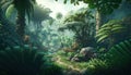 Dense jungle, wild forest with palm trees and tropical plants, generative AI Royalty Free Stock Photo