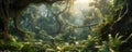 Dense jungle, wild forest with palm trees and tropical plants, generative AI