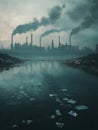 A dense layer of smog envelops a city, silhouetting factories and a river choked with plastic waste, reflecting Royalty Free Stock Photo