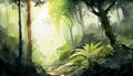 A dense, lush forest with an abundance of greenery. Sunlight filters through the trees, casting dappled shadows on the