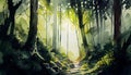 A dense, lush forest with an abundance of greenery. Sunlight filters through the trees, casting dappled shadows on the