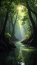 Dense mangrove forest with sunlight filtering through, vegetation, natural world, tropical forest Royalty Free Stock Photo