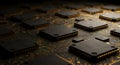A dense matrix of golden chips on a dark circuit Royalty Free Stock Photo