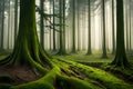 A dense, misty forest with ancient trees cloaked in moss and ferns Royalty Free Stock Photo