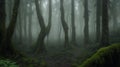 A dense, misty forest with ancient trees cloaked in moss and ferns Royalty Free Stock Photo