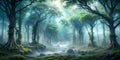 A dense mystical fog enveloping an ancient forest AI-Created Content